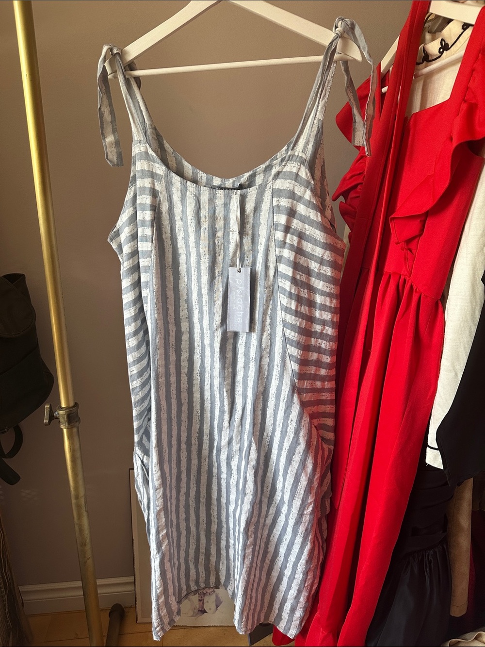Pistache Striped Tie-Shoulder Linen Tank Dress - Grey & White L/XL - Picture 2 of 6